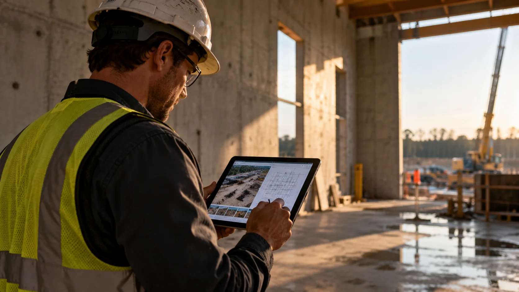 A project manager in a hard hat reviews drawings and site imagery on a tablet inside a tilt-up building