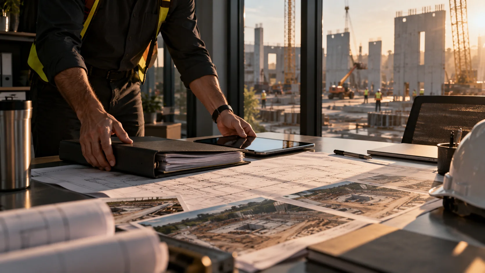 Construction drawings, site photographs, a binder and a tablet on a desk overlooking a tilt-up jobsite