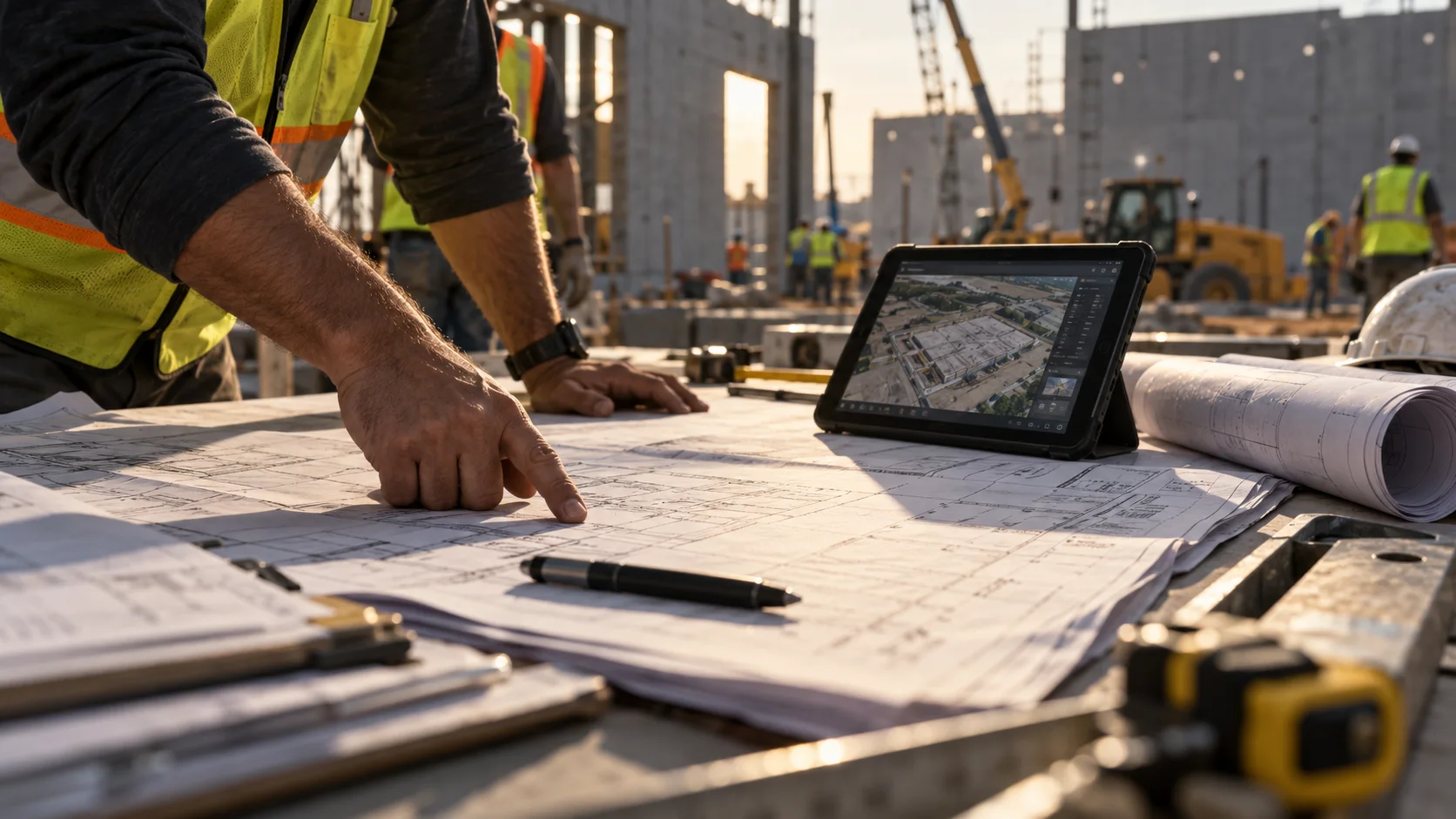A project manager points at construction drawings next to a tablet showing aerial site imagery