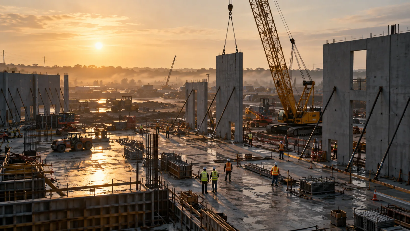 Tilt-up concrete wall panels being lifted by a crawler crane at sunrise on a large commercial construction site