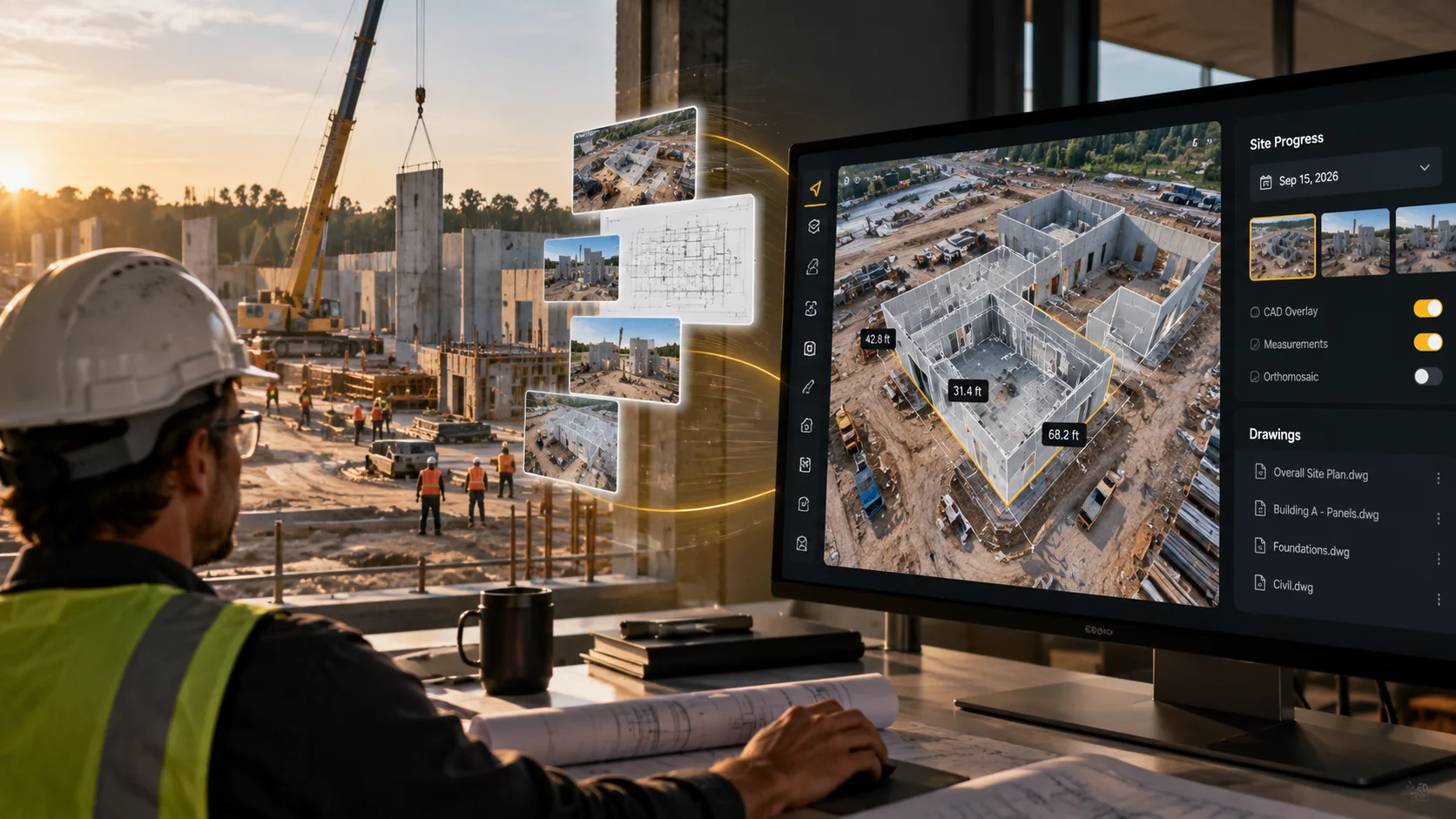 A superintendent at a desk watches site photos flow into the SkyMul site progress view on his monitor